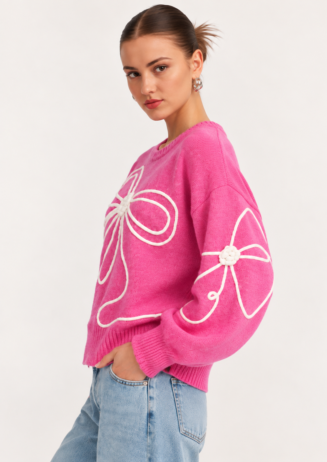 Bow Round Neck Dropped Shoulder Sweater