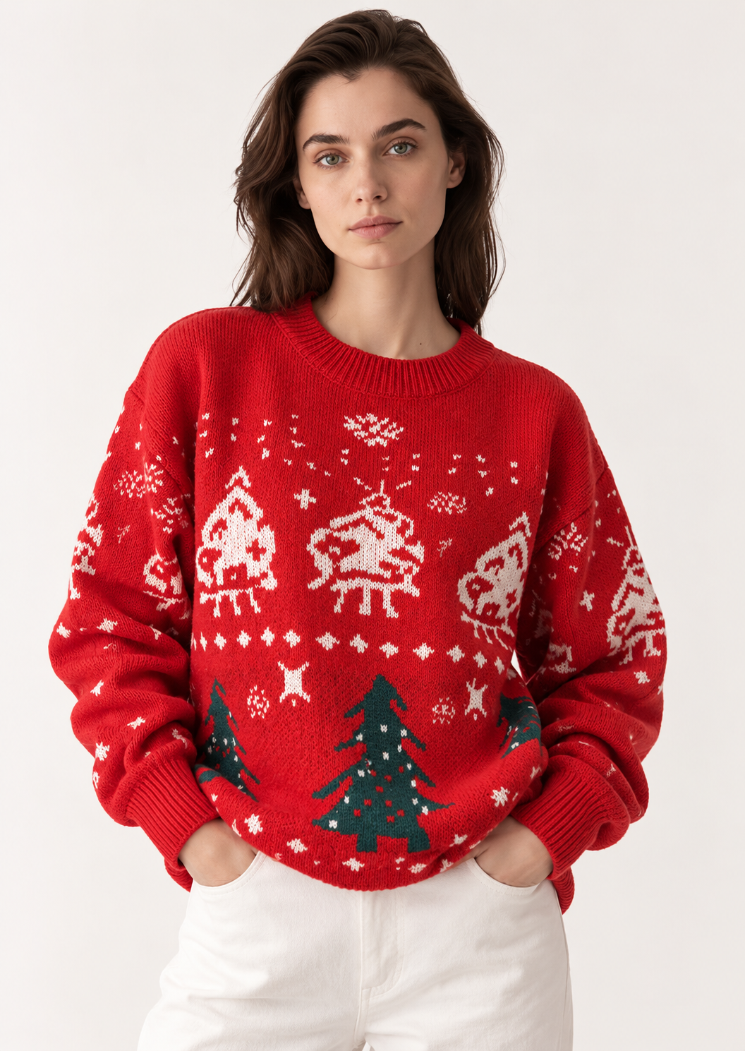 Holiday Christmas Element Round Neck Long Sleeve Sweater - FELLAURA