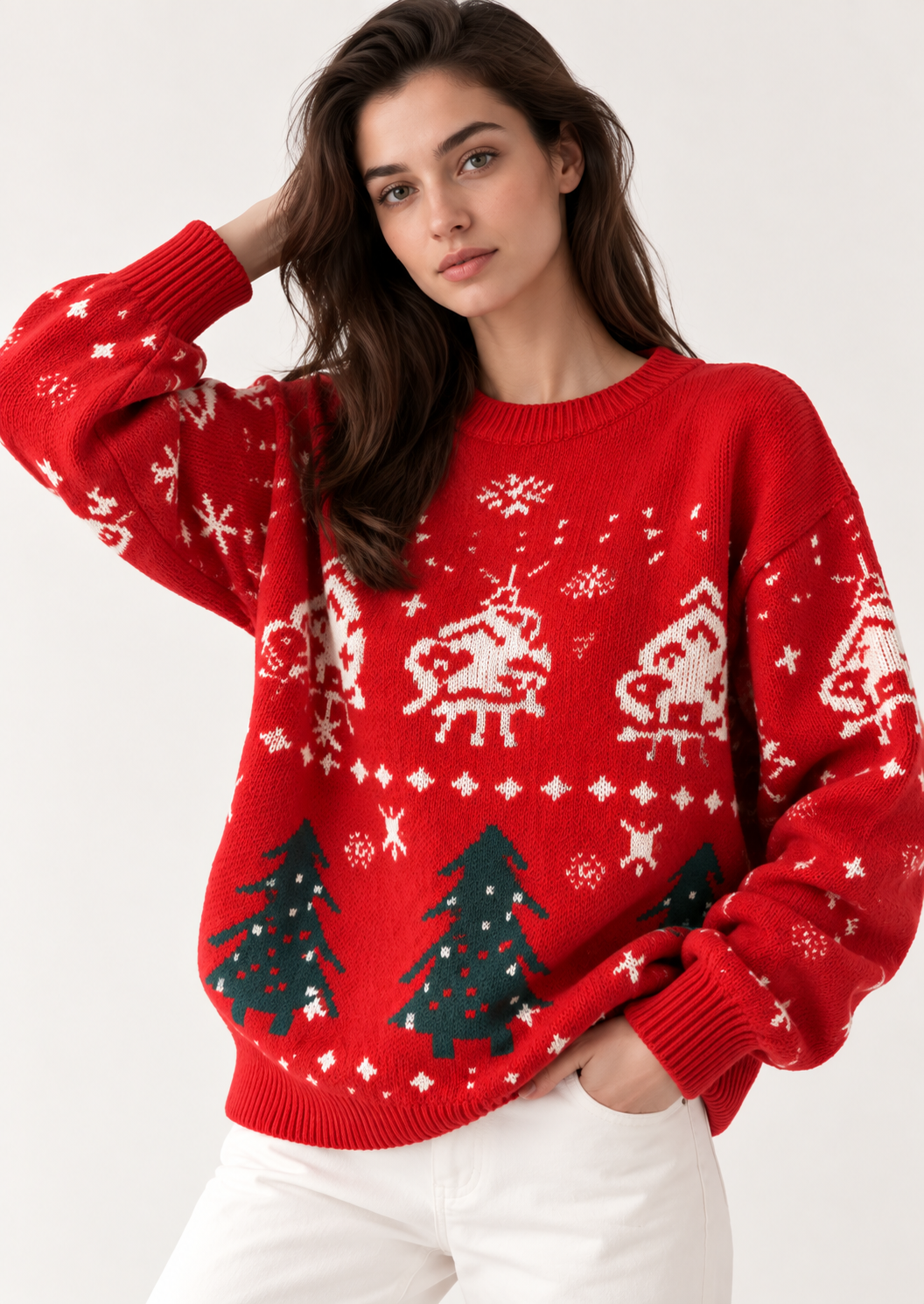 Holiday Christmas Element Round Neck Long Sleeve Sweater - FELLAURA