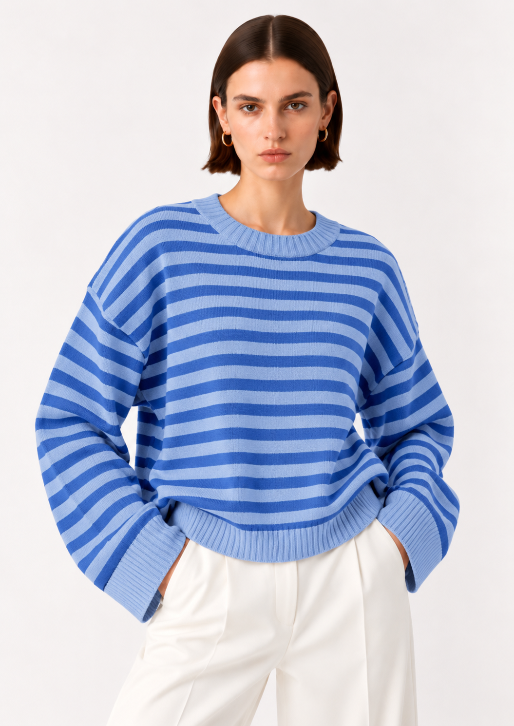 Ribbed Striped Dropped Shoulder Sweater - FELLAURA