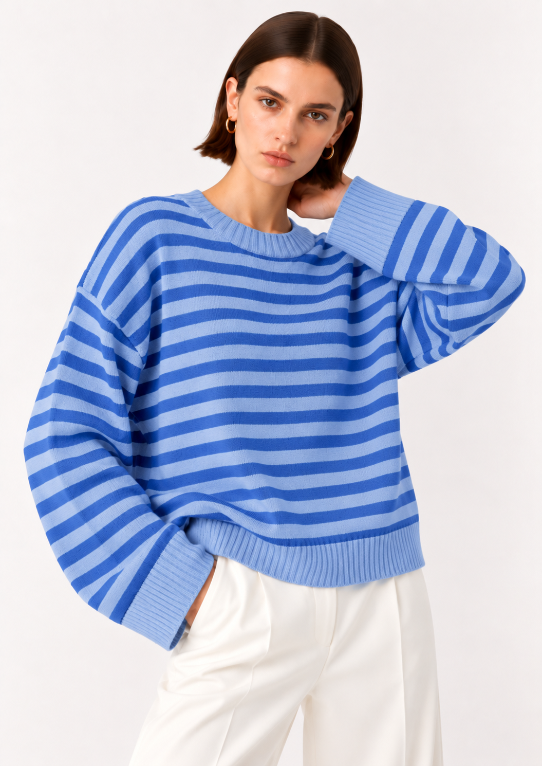 Ribbed Striped Dropped Shoulder Sweater - FELLAURA