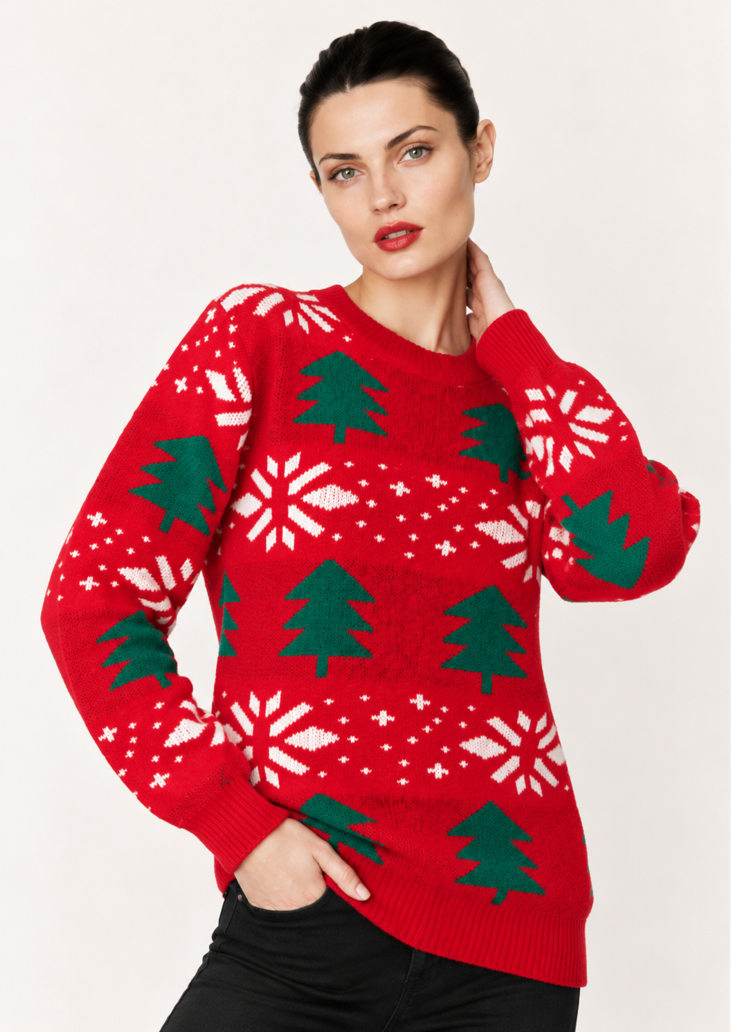 Christmas Tree Round Neck Sweater Dress - FELLAURA