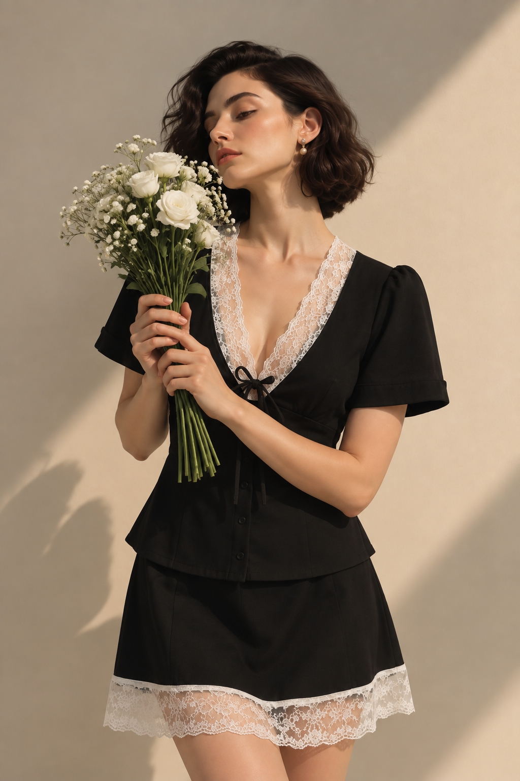 Lace Trimmed Top and Skirt Two-Piece Set