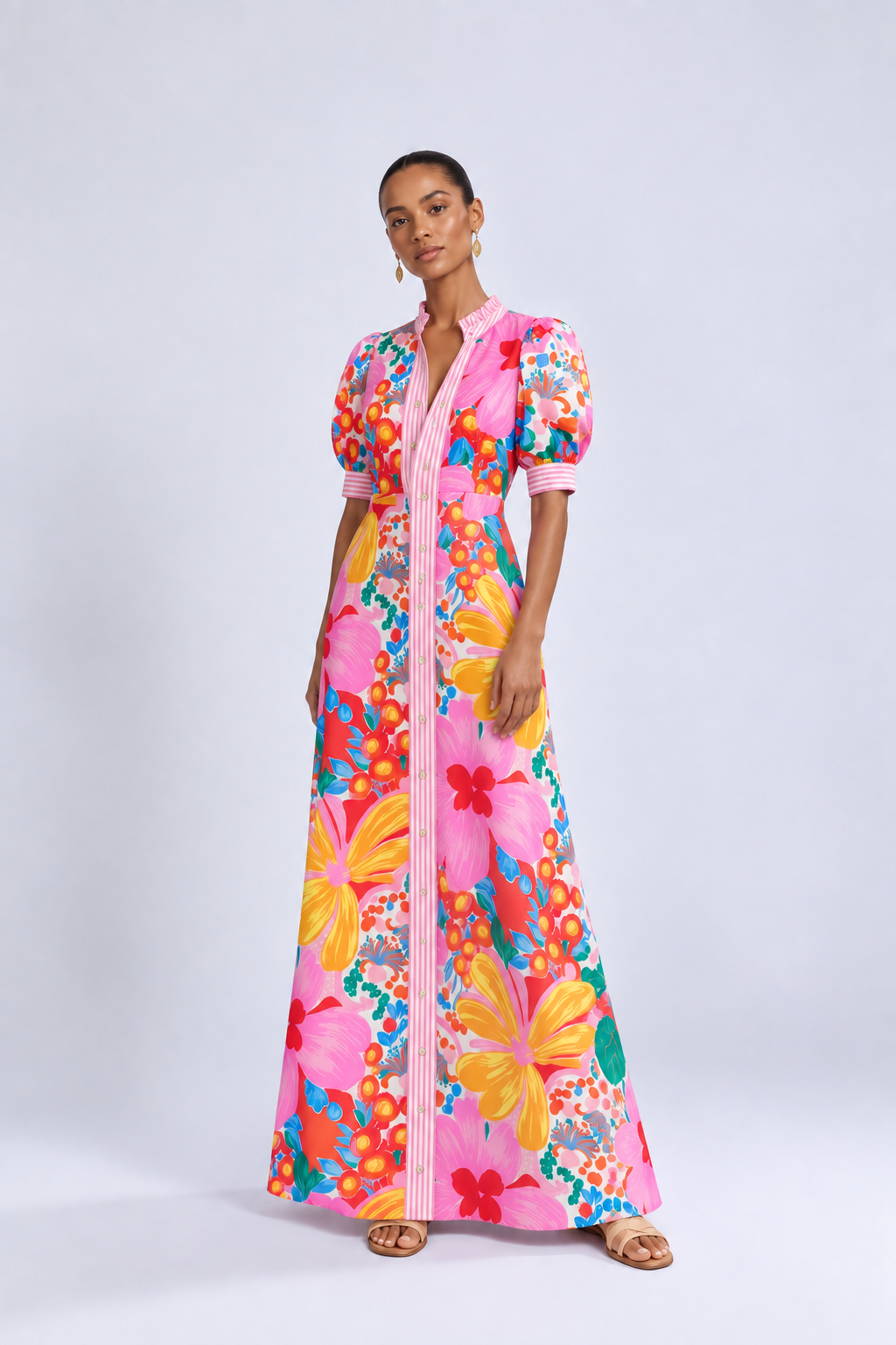 Floral Print Striped Trim Button Down Short Sleeve Maxi Dress
