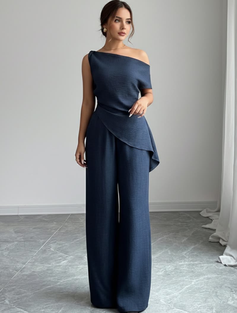 Ivory Peplum Top and Wide-Leg Pants Set - Front View