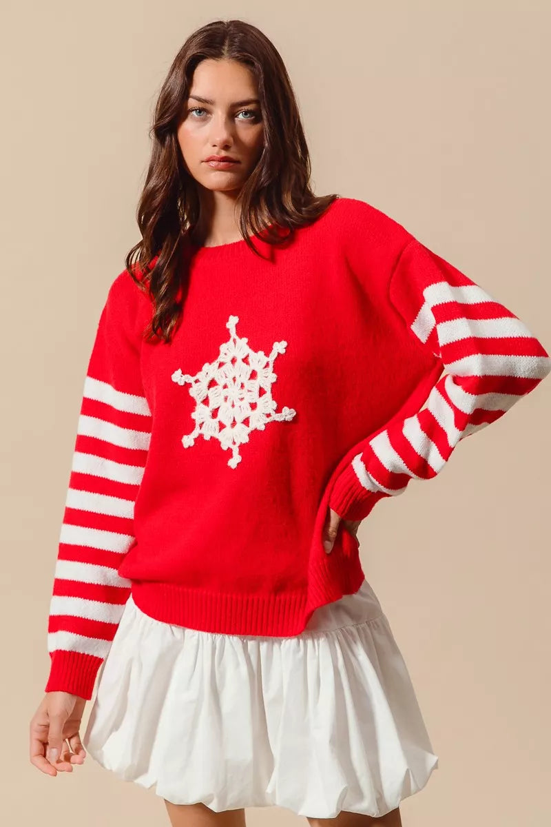SO ME Christmas Snowflake Crochet Embellished Sweater - FELLAURA