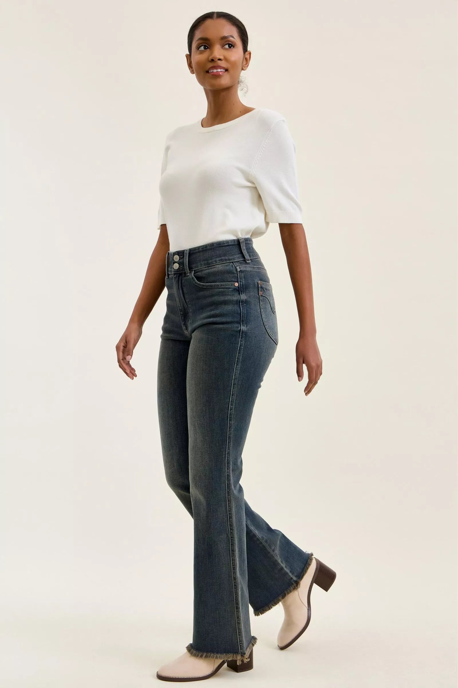 Judy Blue High Waist Double Button Frayed Hem Jeans - FELLAURA