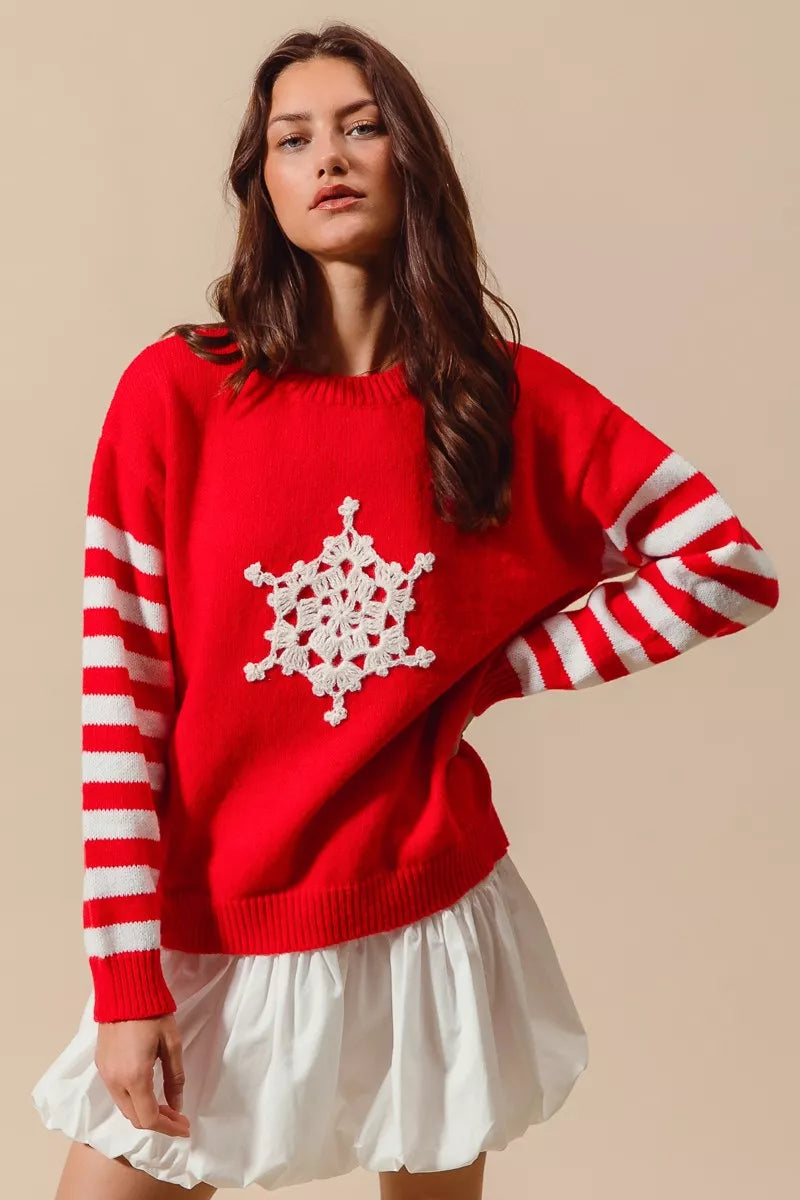 SO ME Christmas Snowflake Crochet Embellished Sweater - FELLAURA