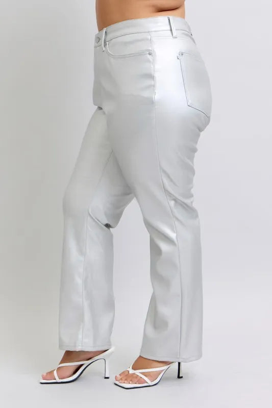 Judy Blue Full Size High Waist Silver Faux Leather Pants Plus Size - FELLAURA