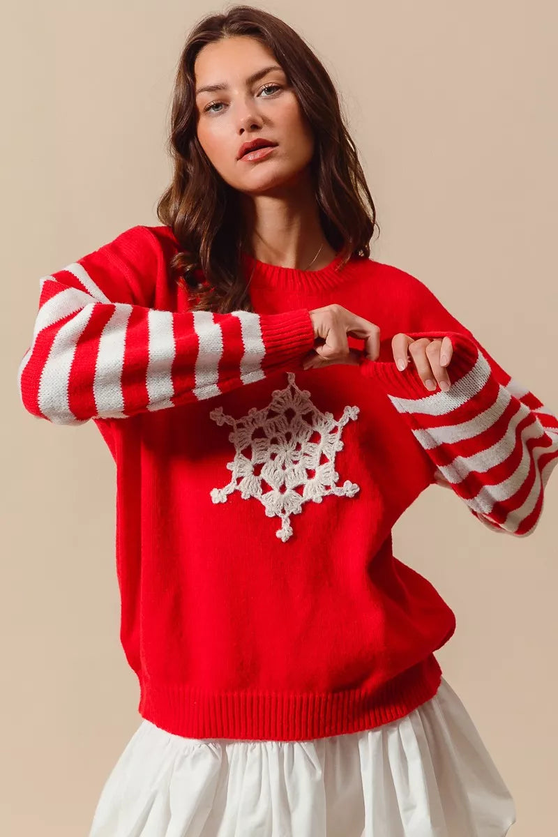 SO ME Christmas Snowflake Crochet Embellished Sweater - FELLAURA