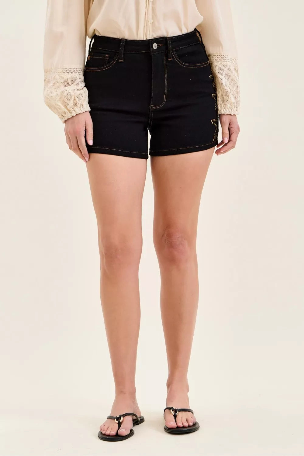 Judy Blue High Waist Slim Denim Short with Star Studded - FELLAURA