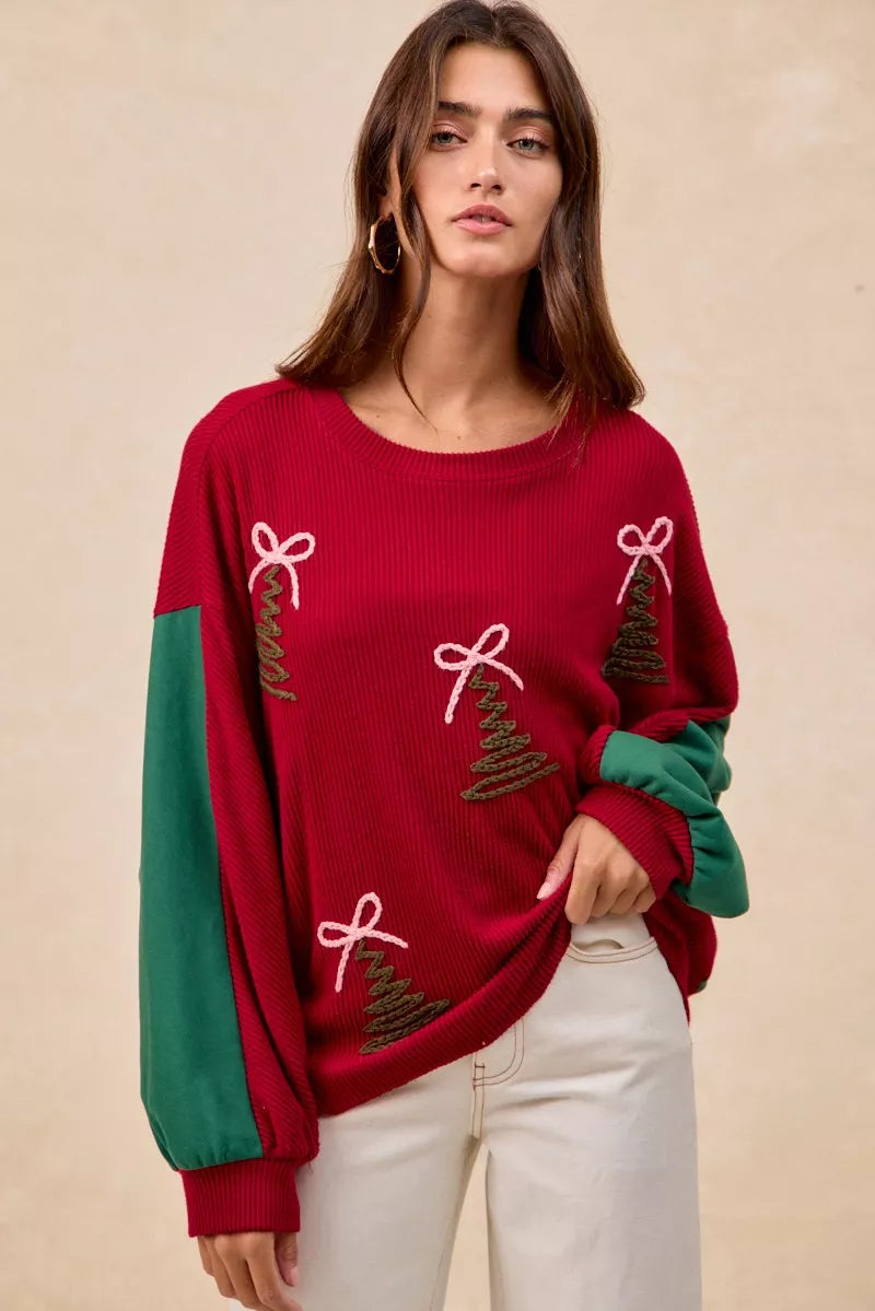 BiBi Christmas Theme Tree Embroidered Sweater - FELLAURA