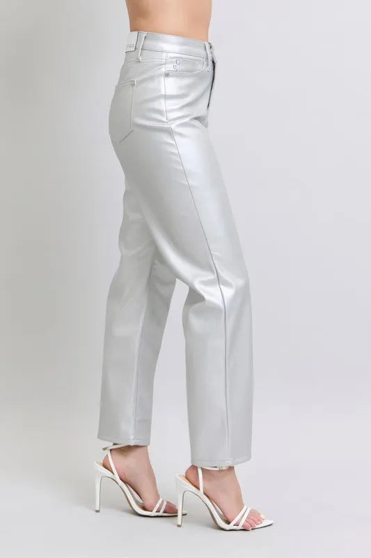 Judy Blue Full Size High Waist Silver Faux Leather Pants Plus Size - FELLAURA