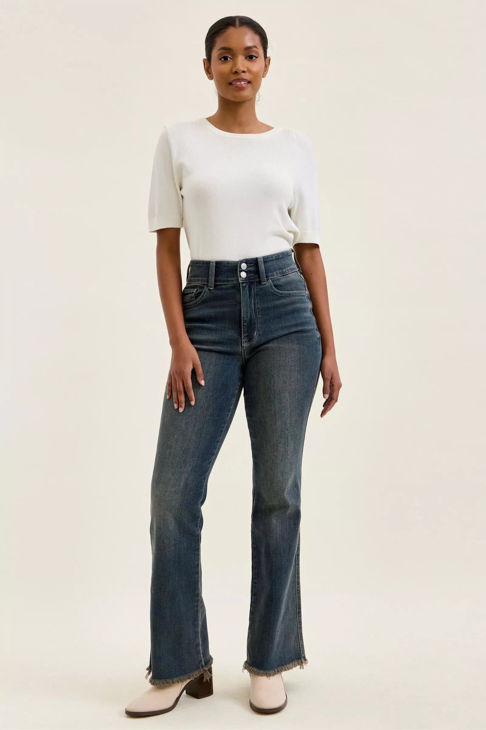 Judy Blue High Waist Double Button Frayed Hem Jeans - FELLAURA