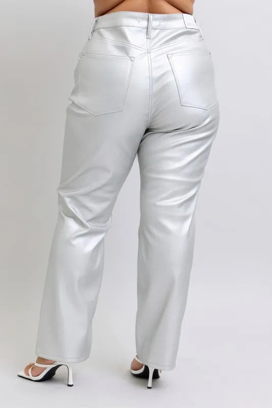 Judy Blue Full Size High Waist Silver Faux Leather Pants Plus Size - FELLAURA